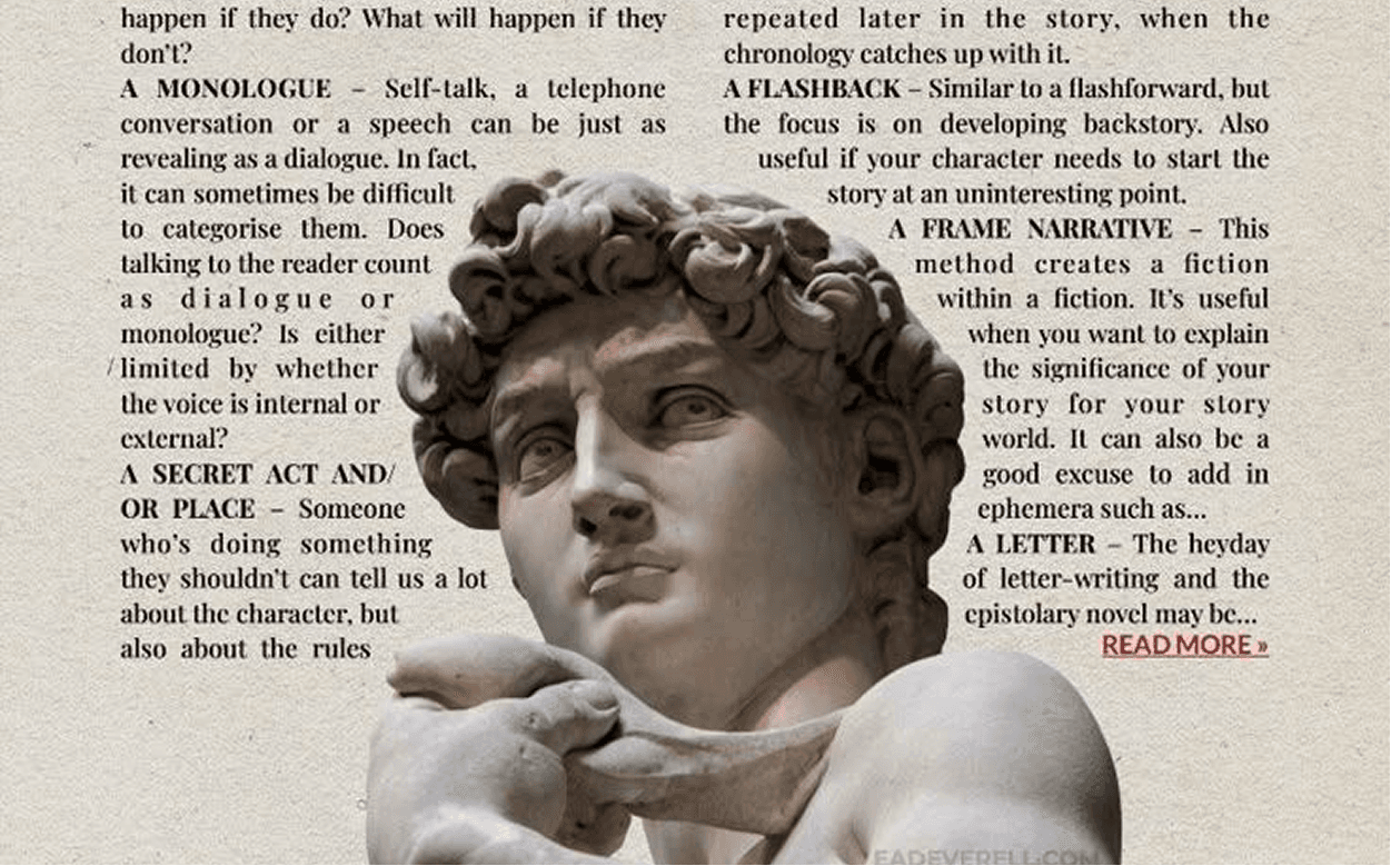 Classical David statue with fiction writing techniques including monologue, flashback, and frame narrative