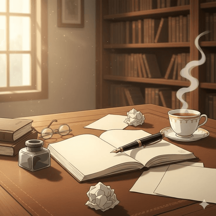 A writer's desk with an open notebook, fountain pen, books, and a cup of tea in a sunlit study