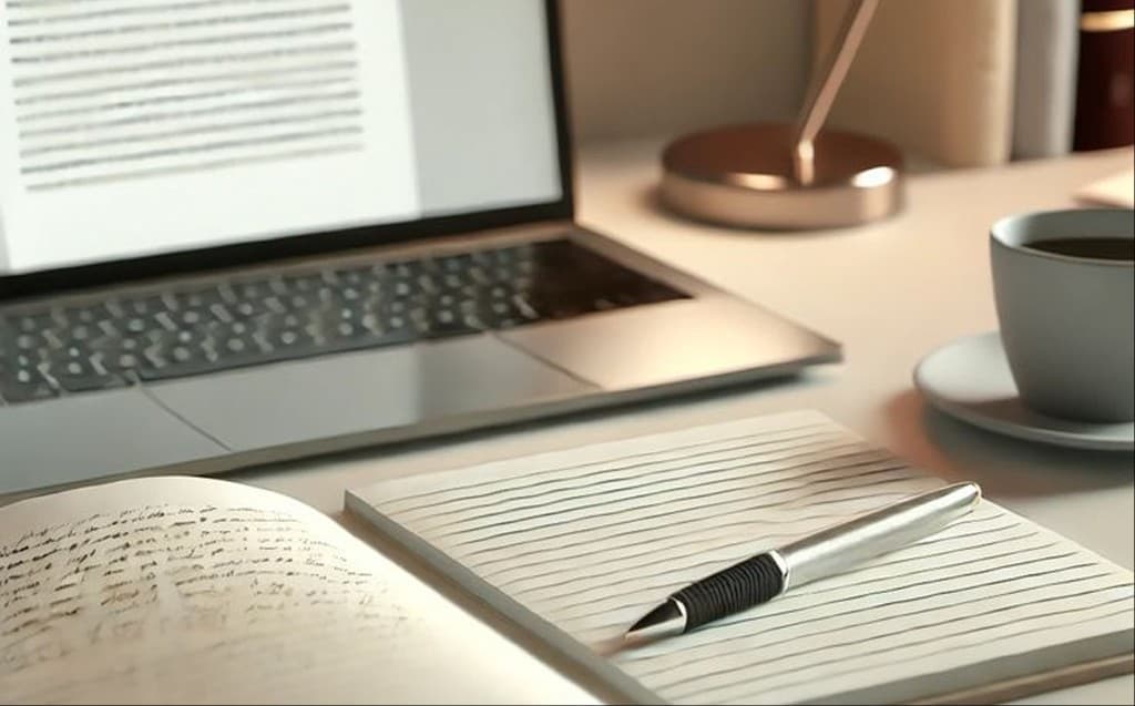 Book writing workspace with laptop, open notebook, notepad, pen, and coffee on a wooden desk