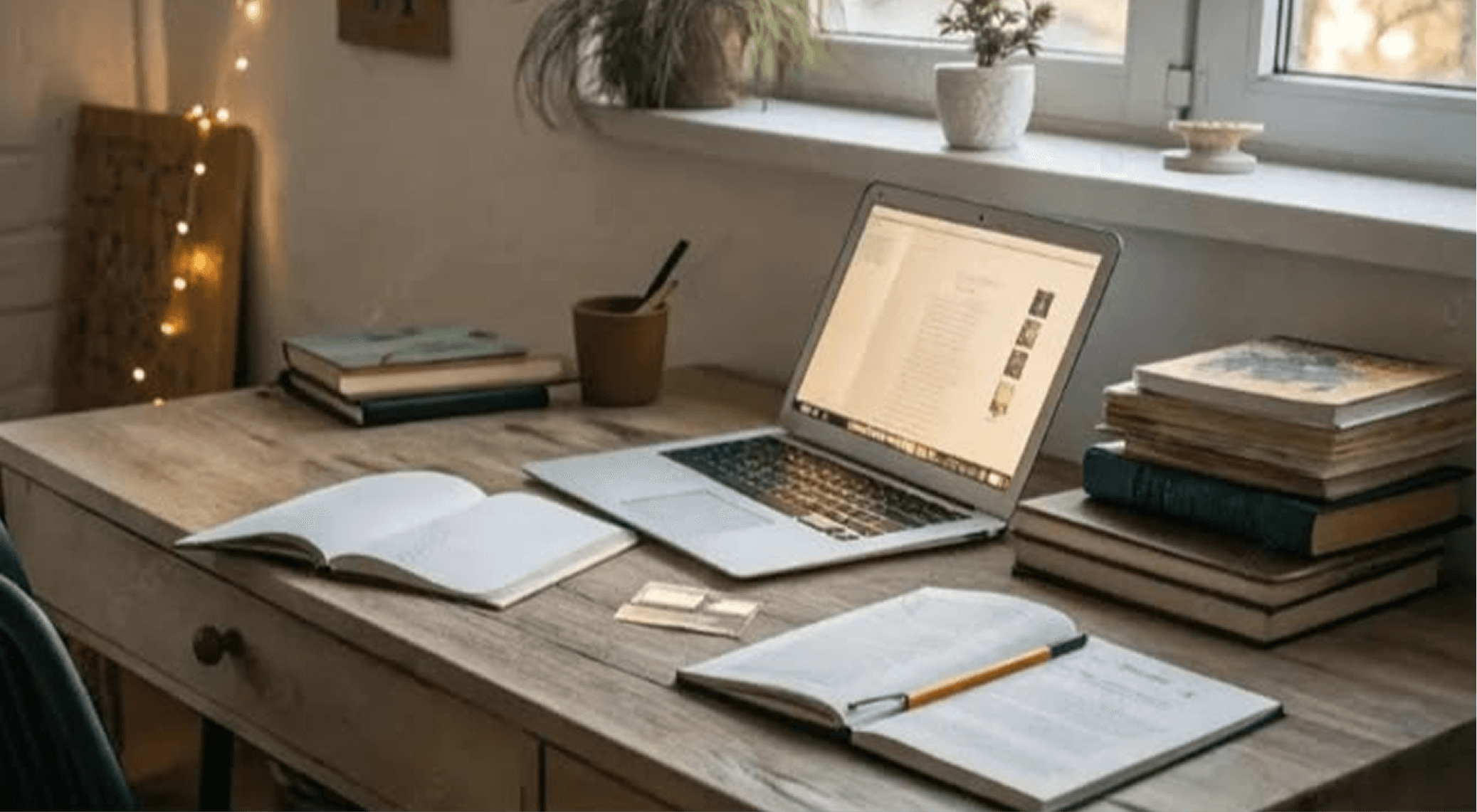 Book writing workspace with laptop, open notebook, stacked books, and plant on a wooden desk