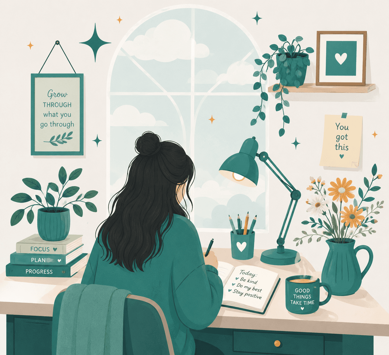 Illustration of an author writing at a desk with books, notebook, and warm study decor
